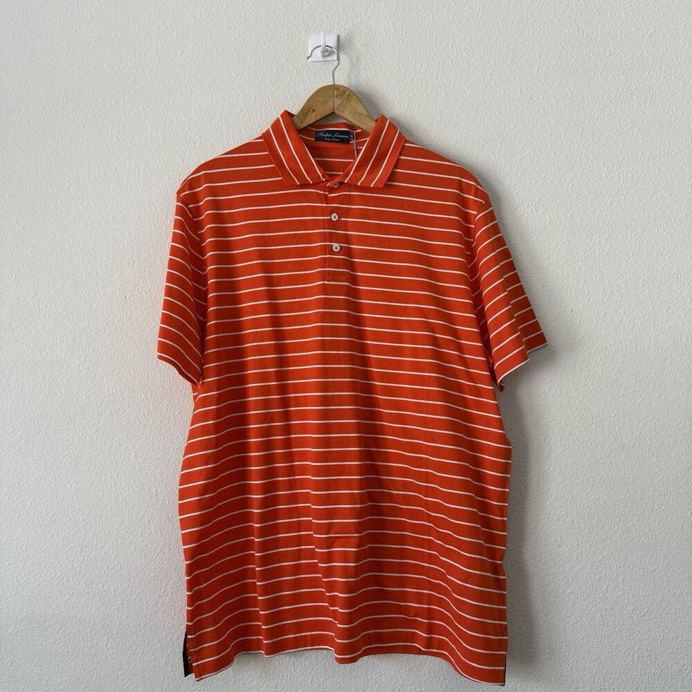 Ralph Lauren Purple Label Polo Shirt Men’s XL Orange Striped Short Sleeve Golf